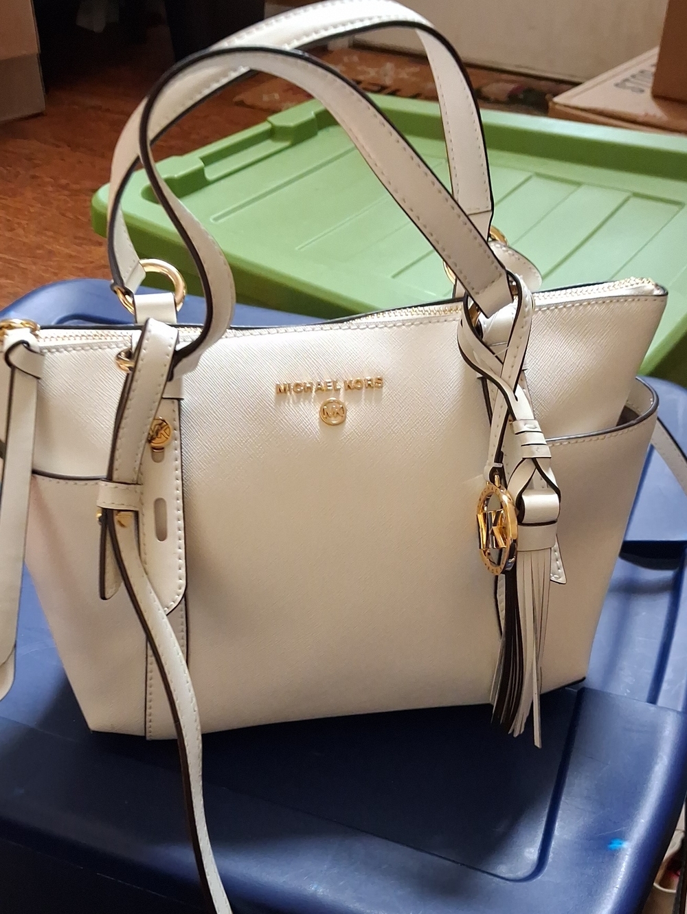 Michael Kors White Saffiano Shoulder Satchel with Gold Hardware